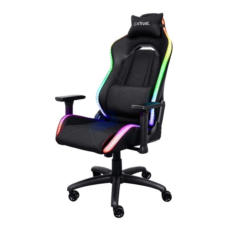 Scaun gaming Trust GXT 719 Ruya, iluminare RGB, 5 roti, ridicare pe gaz clasa 4, adjustabil pe inaltime, material piele PU si plastic, greutate maxima suportata 150 kg, negru - 1 | YEO