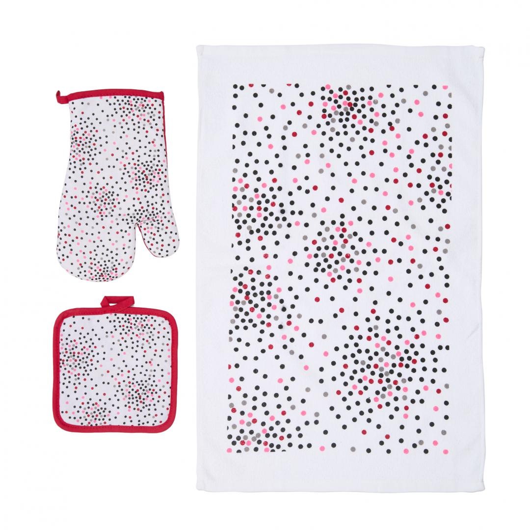 Set bucatarie format din 3 piese Dots Setul contine : 1 prosop de bucatarie 38X63 cm,65Gr/buc 1 manusa de bucatarie 17X27 cm 1 suport oala 18X18 cm Material:100% Bumbac  - 1 | YEO