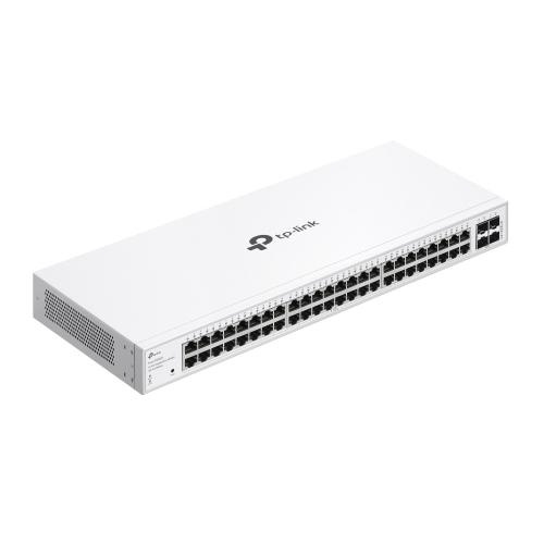 Switch TP-Link cu 48 de porturi, 48× 10/100/1000 Mbps RJ45 Ports (Auto- Negotiation/Auto MDI/MDIX), 4× Gigabit SFP Slots, capacitate switch 104 Gbps, dimensiuni 17.3×8.7×1.7 in (440×220×44 mm)