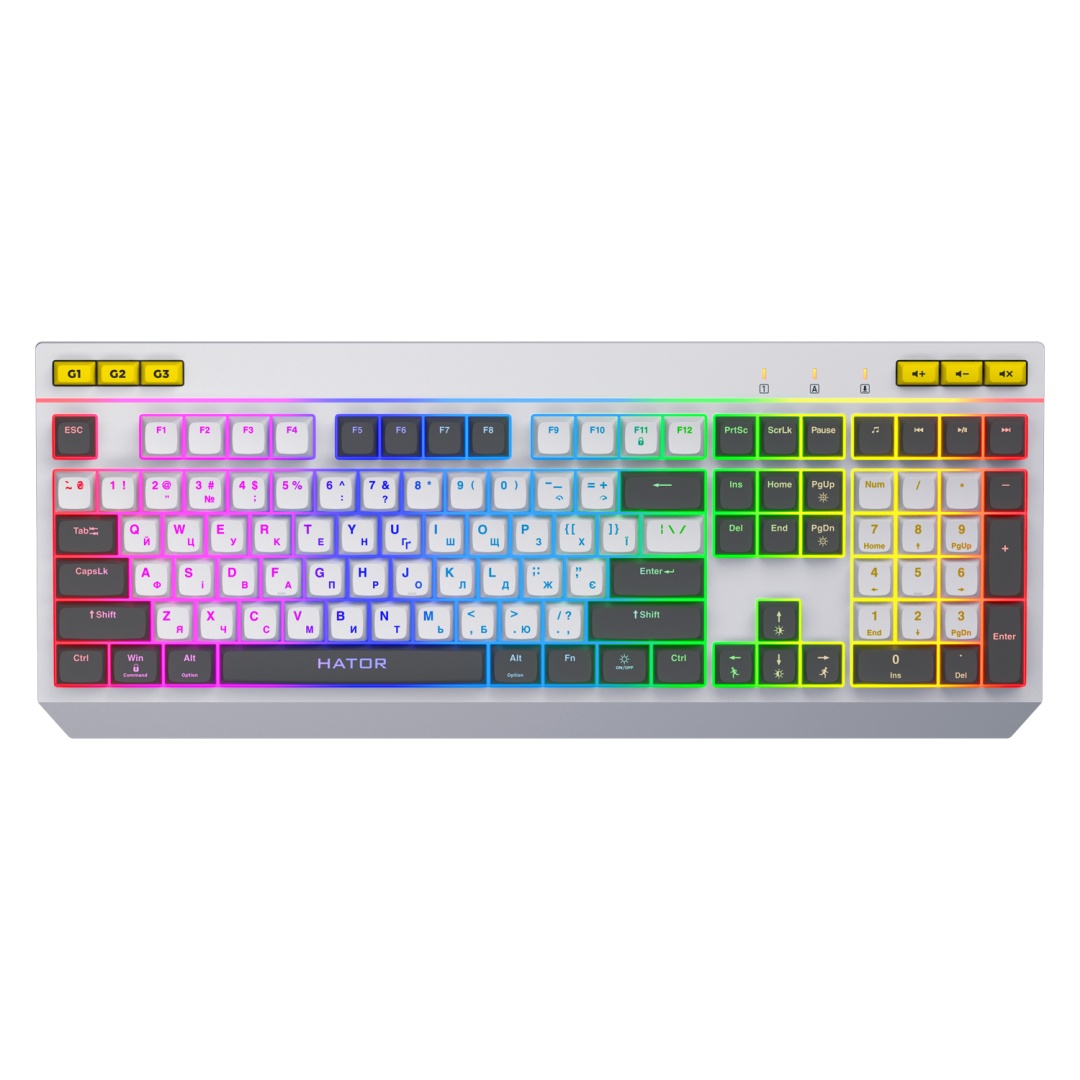 Tastatura mecanica cu fir Hator Icefall, conectivitate USB, polling rate 1000Hz, iluminare RGB pentru 8 zone diferite, tip switch membrana, material taste ABS cu gravare laser si acoperire UV, alb