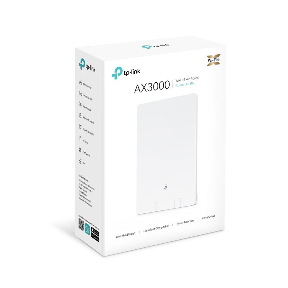 TP-LINK AX3000 Dual-Band WI-FI 6 AIR Router R5, Standarde wireless: 802.11ax, 802.11ac, 802.11n, 802.11a, 802.11b/g, MU-MIMO, Viteza wireless: 5Ghz-2402 MB/s, 2.4Ghz-574Mb/s, 4 x antene interne, Interfata: 1 x 10/100/1000 LAN, 1 x 10/100/1000 WAN, 1 x