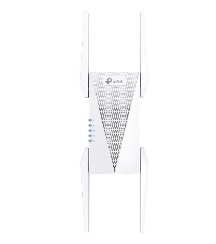 TP-link AXE5400 Wi-Fi6E Mesh Range Extender, Tri-Band, RE815XE, 1 Port Ethernet Gigabit, 2 Antene externe, Standarde Wireless: IEEE 802.11ax 6 GHz, IEEE 802.11a/n/ac/ax 5 GHz, IEEE 802.11b/g/n/ax 2.4 GHz, 4x antene externe, Viteza wireless: 574 Mbps în