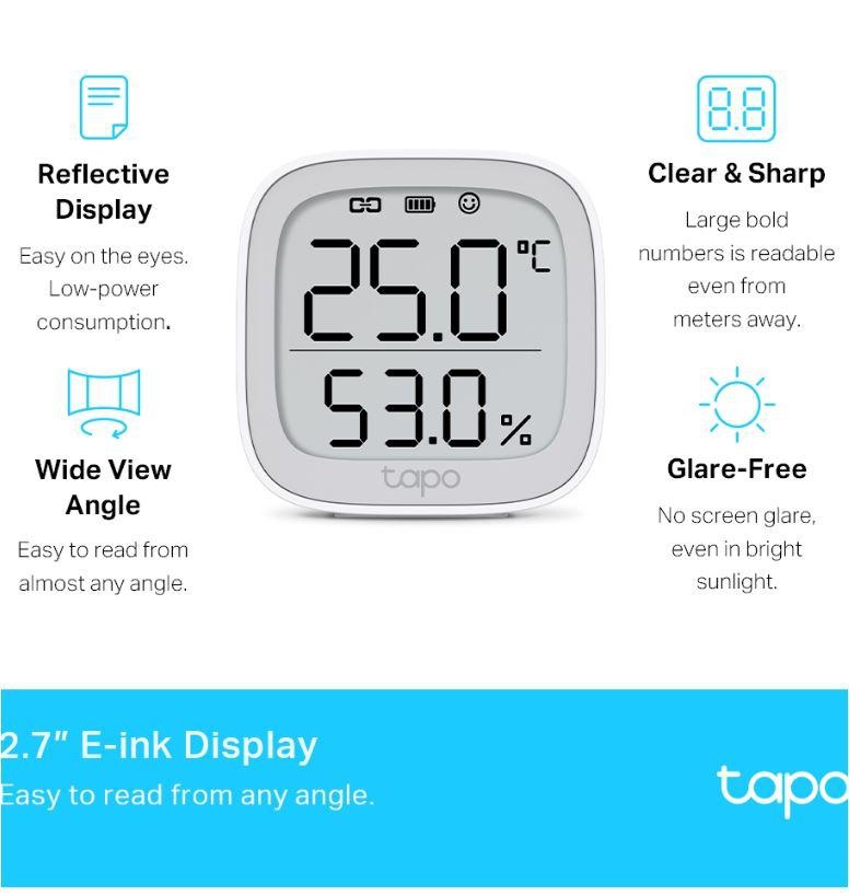 TP-LINK TAPO T315, Monitor smart de temperature si umiditate (necesită Hub Tapo), Wireless: 868 / 922 MHz, Acuratete temperature: ±0.3°C, Acuratete umiditate: ±3%RH, Dimensiuni: 62 × 62 × 24.5 mm, Alimentare: 2 × AAA/LR03 battery - 2 | YEO