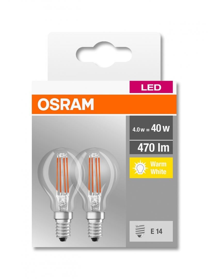 2 Becuri LED Osram Base Classic P, E14, 4W (40W), 470 lm, lumina calda(2700K), cu filament