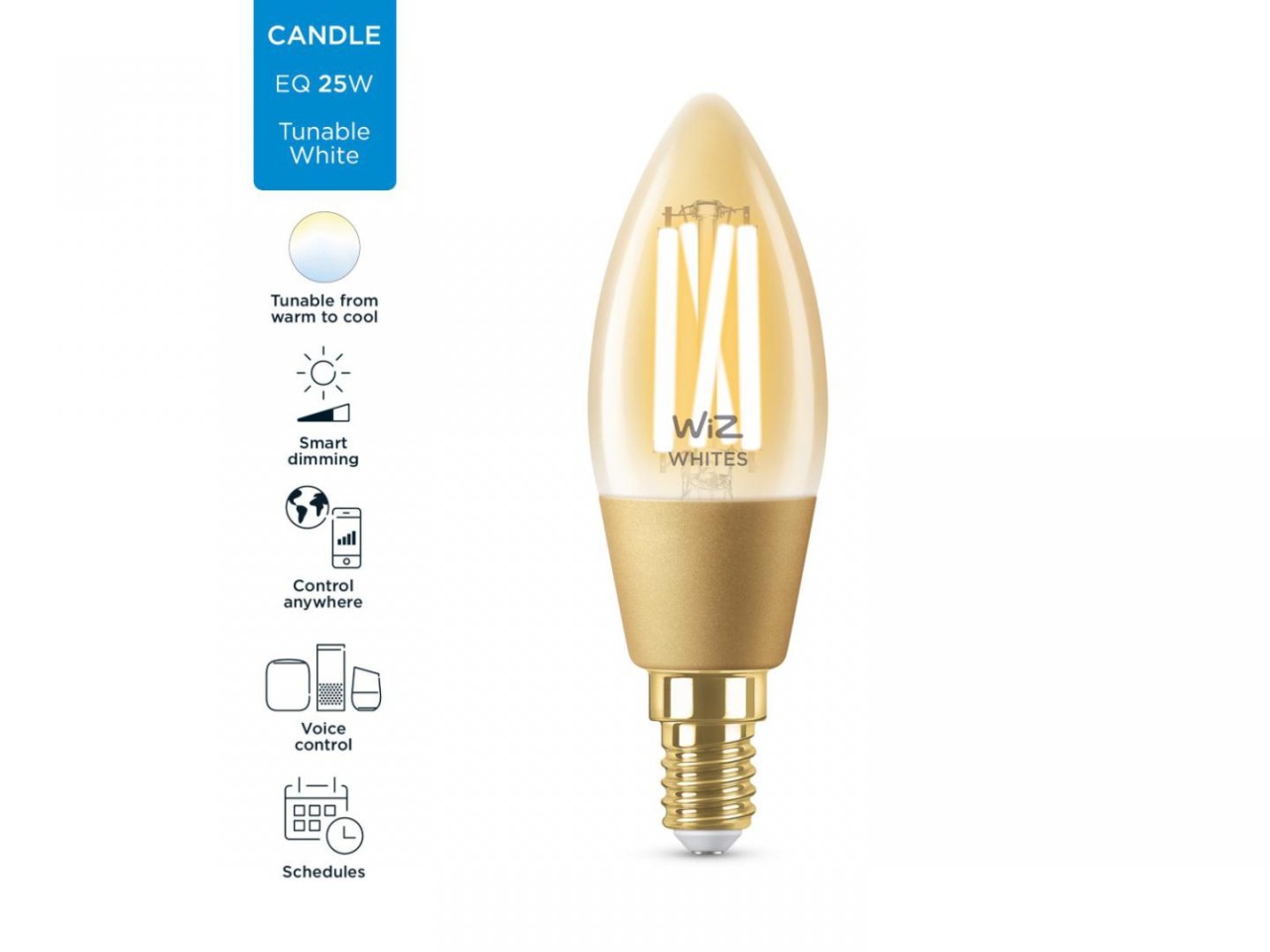 Bec LED inteligent vintage (decorativ) WiZ Connected Filament Gold C35 ,Wi-Fi, E14, 4.9W (25W), 370 lm, lumina alba (2000-5000K), compatibilGoogle Assistant/Alexa/Siri - 1 | YEO