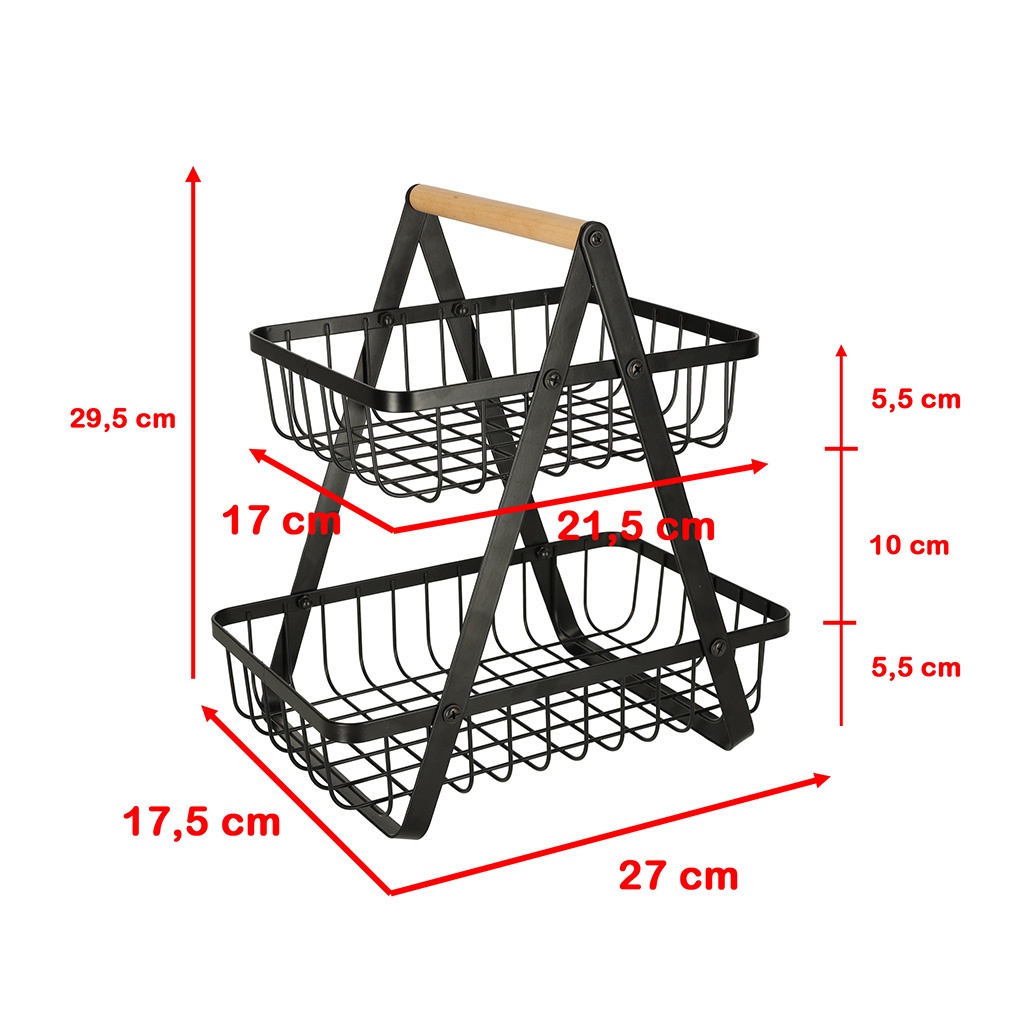 Cos de fructe cu doua etaje, pliabil, lemn + metal, culoare neagra - 2 | YEO