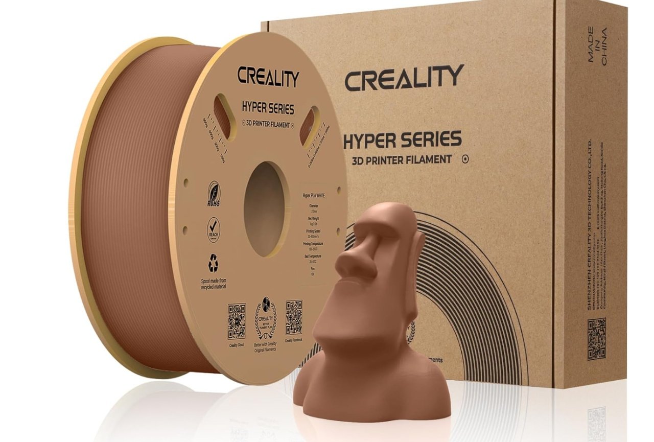 CREALITY HYPER PLA 3D Printer Filament, Brown, Temperatura printare: 200-220 grade celsius, Diametru filament: 1.75mm, Tensile strength: 52.99MPa, Bending strenght:92.38Mpa Dimensiuni rola filament: Diametru 200mm, inaltime 70mm, gaura centrala 56mm,