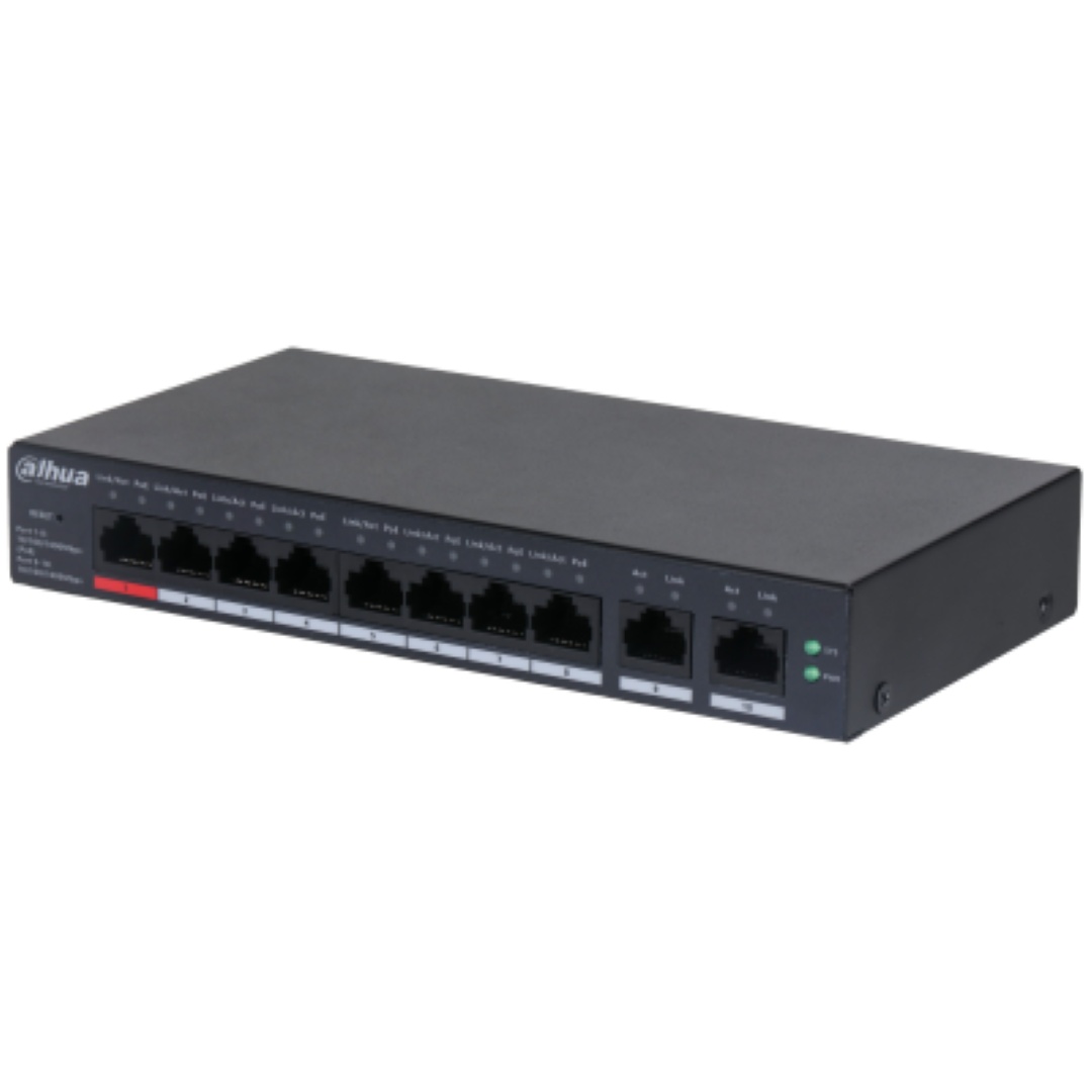 Dahua 10-Port Cloud Managed Desktop Gigabit Switch cu 8-Port PoE, CS4010-8GT-110, Interfata: Port 1-8: 8 × RJ-45 10/100/1000 Mbps (PoE); Port 9-10: 2 × RJ-45 10/100/1000 Mbps（uplink）, Managed, Layer 2, Switching Capacity: 20 Gbps, Packet Forwarding Rate: