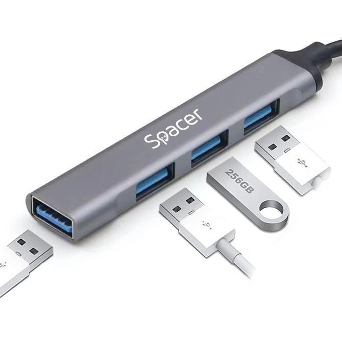 Hub extern SPACER, porturi USB:USB 3.0 X 1, USB 2.0 x 3, conectare prin TYPE-C, cablu 1m, aluminiu - 1 | YEO