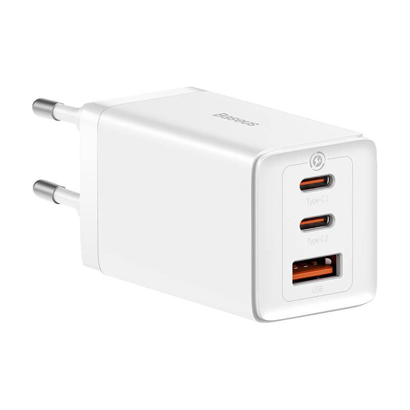 Incarcator retea Baseus GaN5 PRO, Quick Charge 65W, 2 porturi USB PD, 1 port USB Quick Charge, include cablu USB -C la USB-C de 100W, lungime 1m, alb