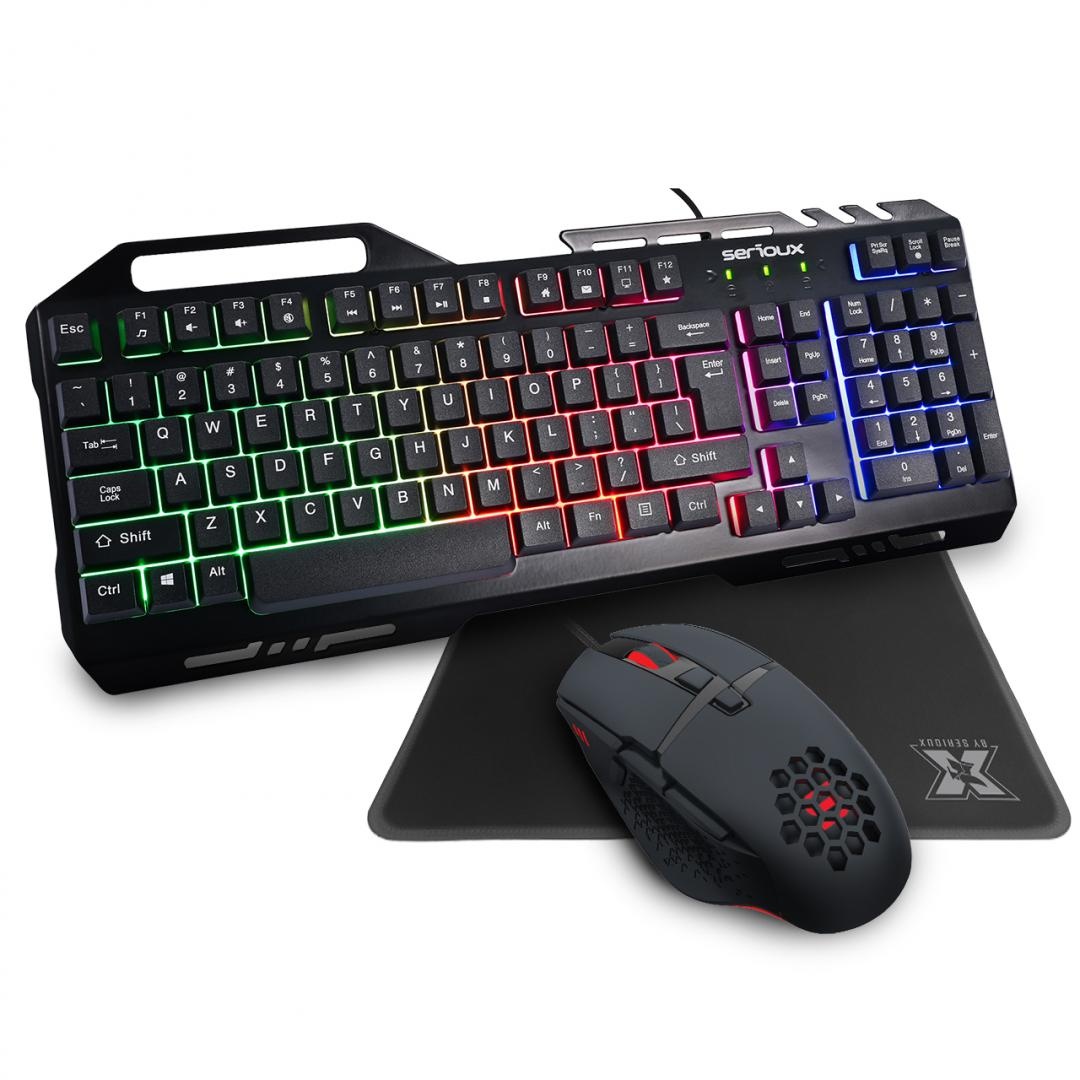 Kit Gaming Serioux Tobis 3 in 1, Tastatura de gaming, 104 taste, 7 taste Anti-ghosting, design slim, iluminare rainbow, structura metalica + taste negre, suport telefon, cablu USB 1.5M PVC, plug and play; Mouse gaming, senzor Sunplus 192, 1000-6400 DPI,