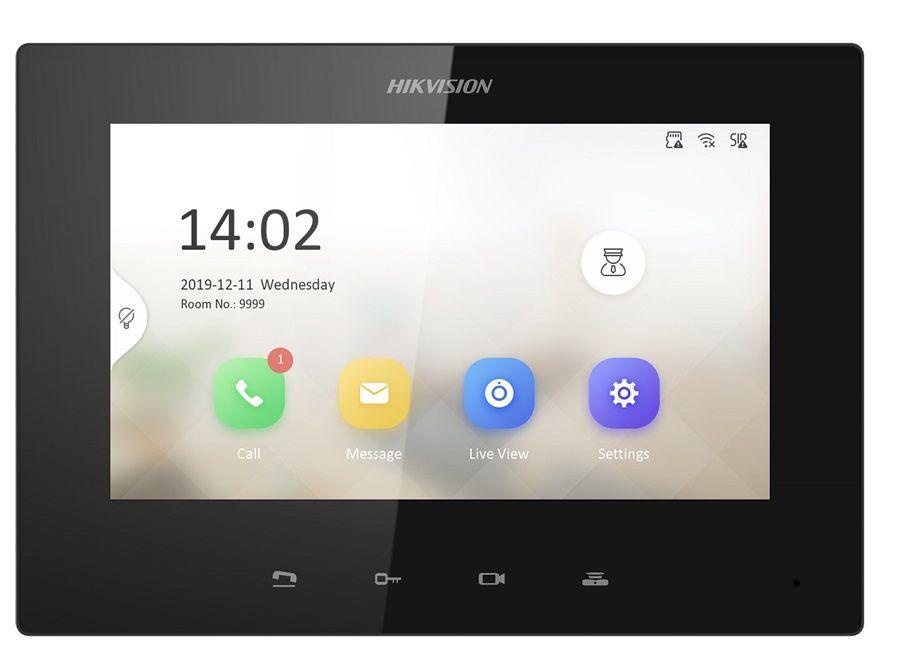 Monitor videointerfon 7inch color Hikvision DS-KH6320-LE1(B)LCD Resolution 1024 × 600, ROM 32 MB, RAM 128 MB, Audio compression standard G.711 U, G.711 A,Event capacity 200 alarm records,2 MB RAM reserved for events, Linked doorphone capacity 17 IP