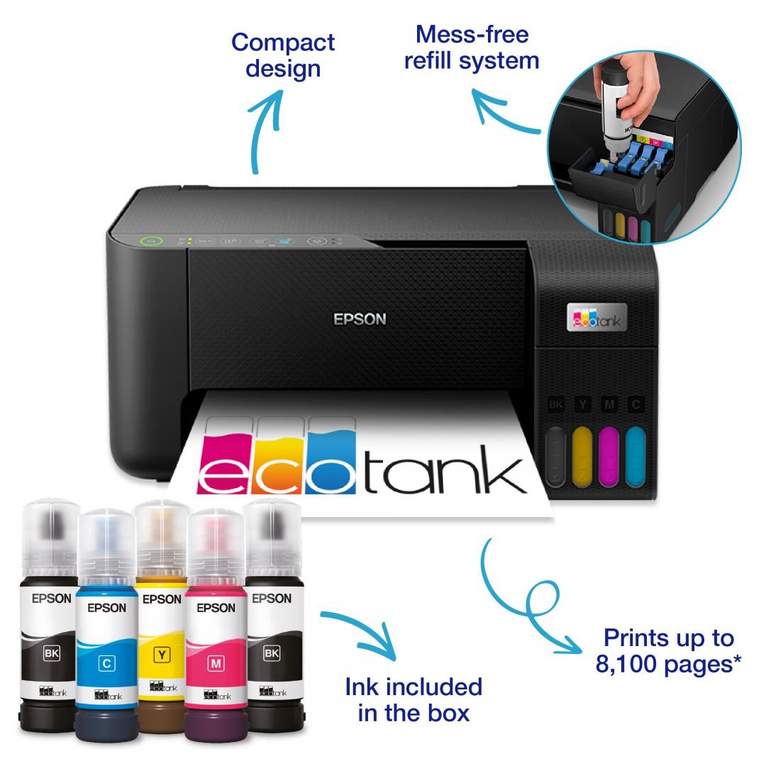 Multifunctional inkjet color Epson EcoTank CISS L3270, dimensiune A4 (Printare,Copiere, Scanare), printare borderless, viteza 33ppm alb- negru, 15ppm color, rezolutie 5760x1440 dpi, alimentare hartie 100 coli, scanner CIS rezolutie 1.200 x 2.400 DPI, - 1 | YEO