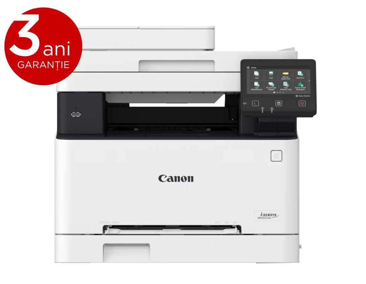 Multifunctional laser color Canon MF655Cdw, dimensiune A4 (Printare,Copiere, Scanare), viteza max 21ppm, duplex, rezolutie max 1200x1200dpi,processor 800Mhz x 2, memorie 1 GB RAM, ADF 50 pagini,alimentarecu hartie 250 coli, limbaj de printare: UFRII, PCL