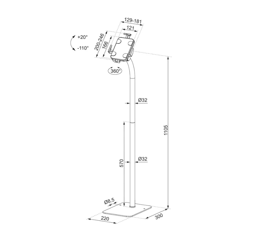 Neomounts by Newstar FL15-625BL1 tablet floor stand General Min. screen size* : 7,9 inch Max. screen size* : 11 inch Max. weight : 1 kg Screens : 1 Functionality Type : Tilt, Rotate Tilt (degrees) : +20°, -110° Rotate (degrees) : 360° Height : 123,8 - 2 | YEO