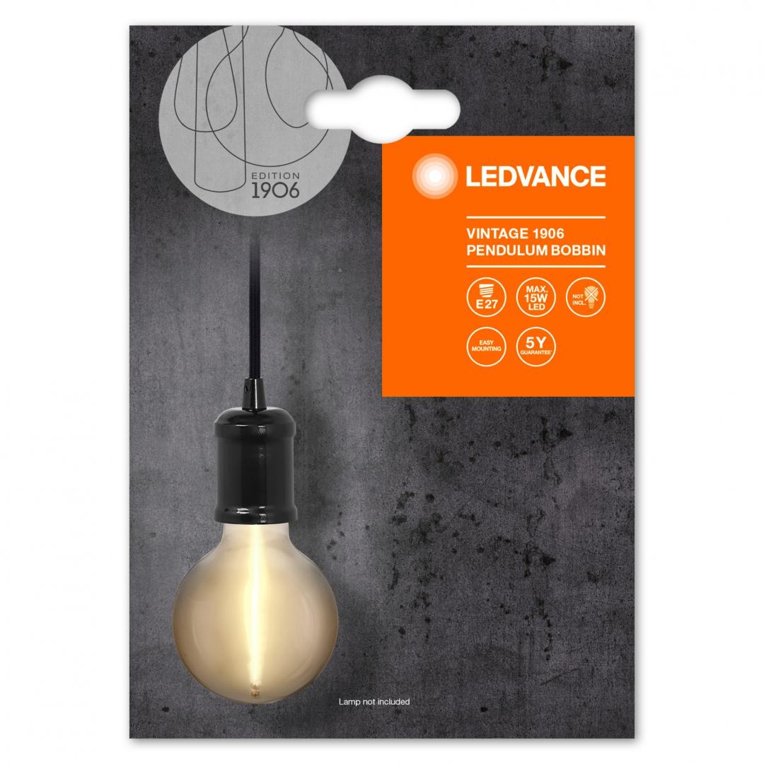 Pendul Ledvance Vintage 1906 Bobbin Negru, E27, max. 15W LED, Metal, IP20, Ø100mm, cablu 1.5m, bec neinclus