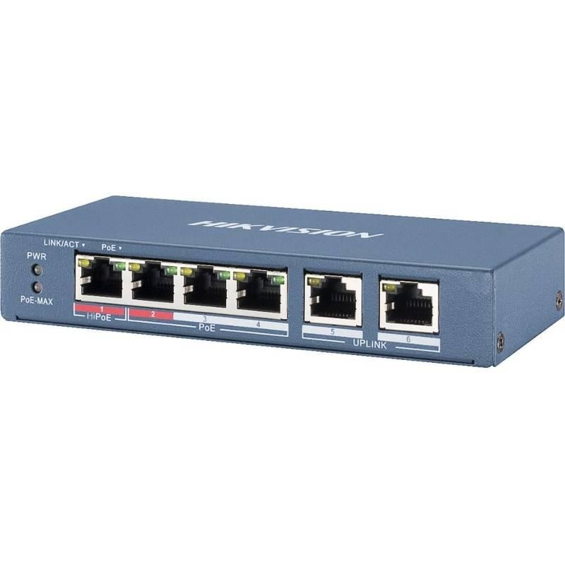 Switch 4 porturi PoE Hikvision DS-3E1106HP-EI 4 × 100 Mbps PoE RJ45 ports, 2 × 100 Mbps network RJ45 ports,IEEE 802.3at/af/bt standard for PoE ports,6 KV surge protection,AF/AT camera can reach up to 300 m in extend mode,Switching Capacity 1.2 Gbps,