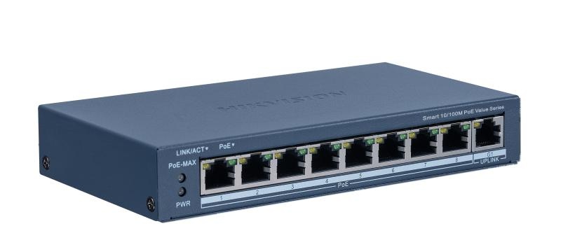 Switch PoE Hikvision DS-3E1309P-EI/M: 8 × 10/100 Mbps PoE port, 1 × Gigabit RJ45 port, 8 porturi PoE maxim 30W, buget PoE 60W, tensiune alimentare: 48 VDC, 2.5 A, dimensiuni: 170.00 mm × 27.60 mm × 93.10 mm, greutate: 0.350g, montare pe birou sau pe