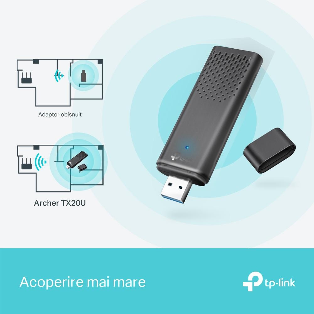 TP-Link ARCHER TX20U Adaptor USB Wireless AX1800 cu două antene High- Gain, Dimesnsiuni; 84 × 156.3 × 19.2 mm, Standarde Wireless: IEEE 802.11a/b/g/n/ac/ax, Rada semnal: 2.4 GHz: 574Mbps, 5 GHz: 1201Mbps, Securitate Wireless: WEP, WPA/WPA2/WPA3, - 2 | YEO