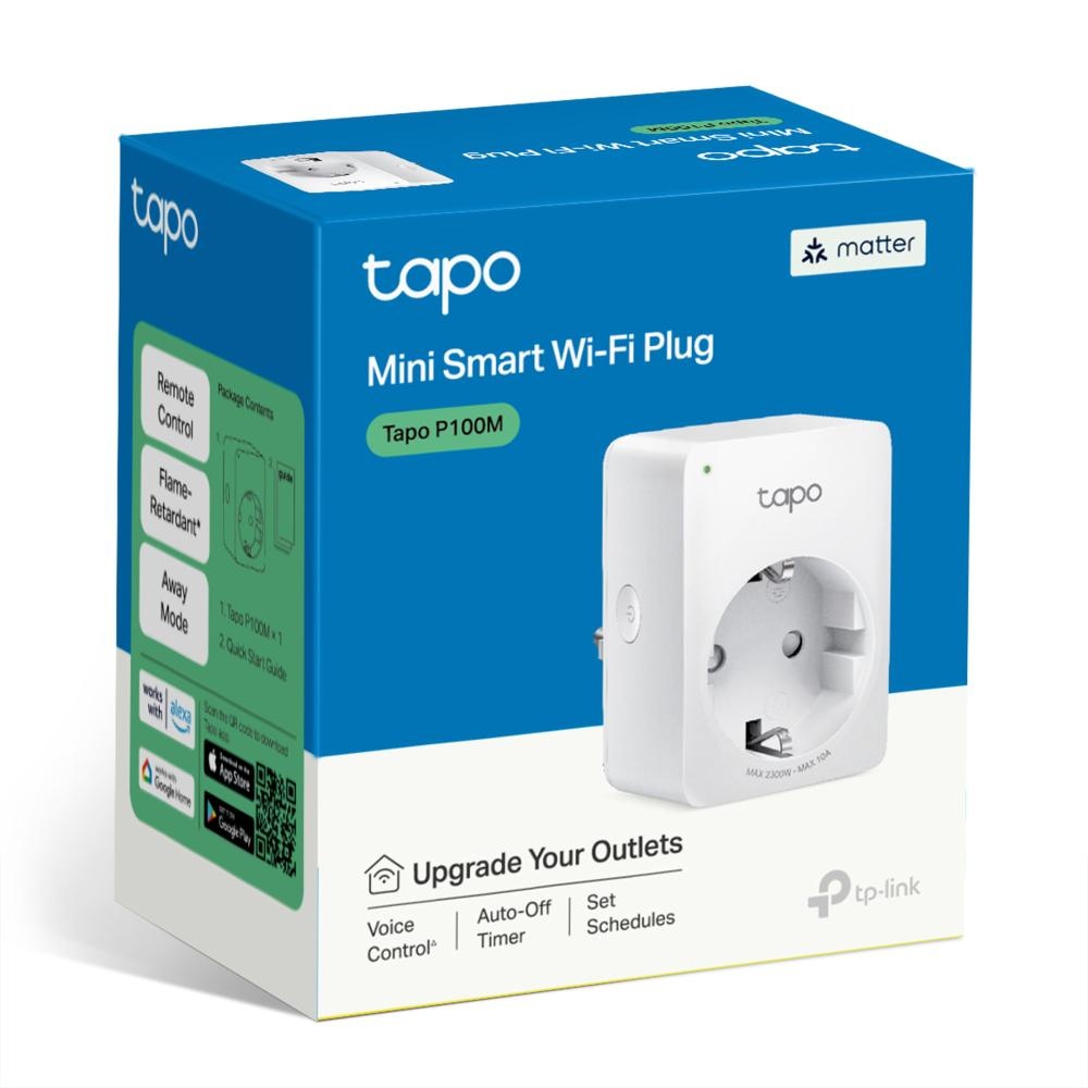 TP-LINK TAPO P100M Mini priză Wi-Fi smart, compatibilă cu Matter, WIFI Protocol: IEEE 802.11b/g/n, Bluetooth, 2.4Ghz, Dimensiuni: 72 × 51 × 40 mm, Cerinte de alimentare: 100-240V~, Incarcare maxima: 2,300W, 10A. - 1 | YEO