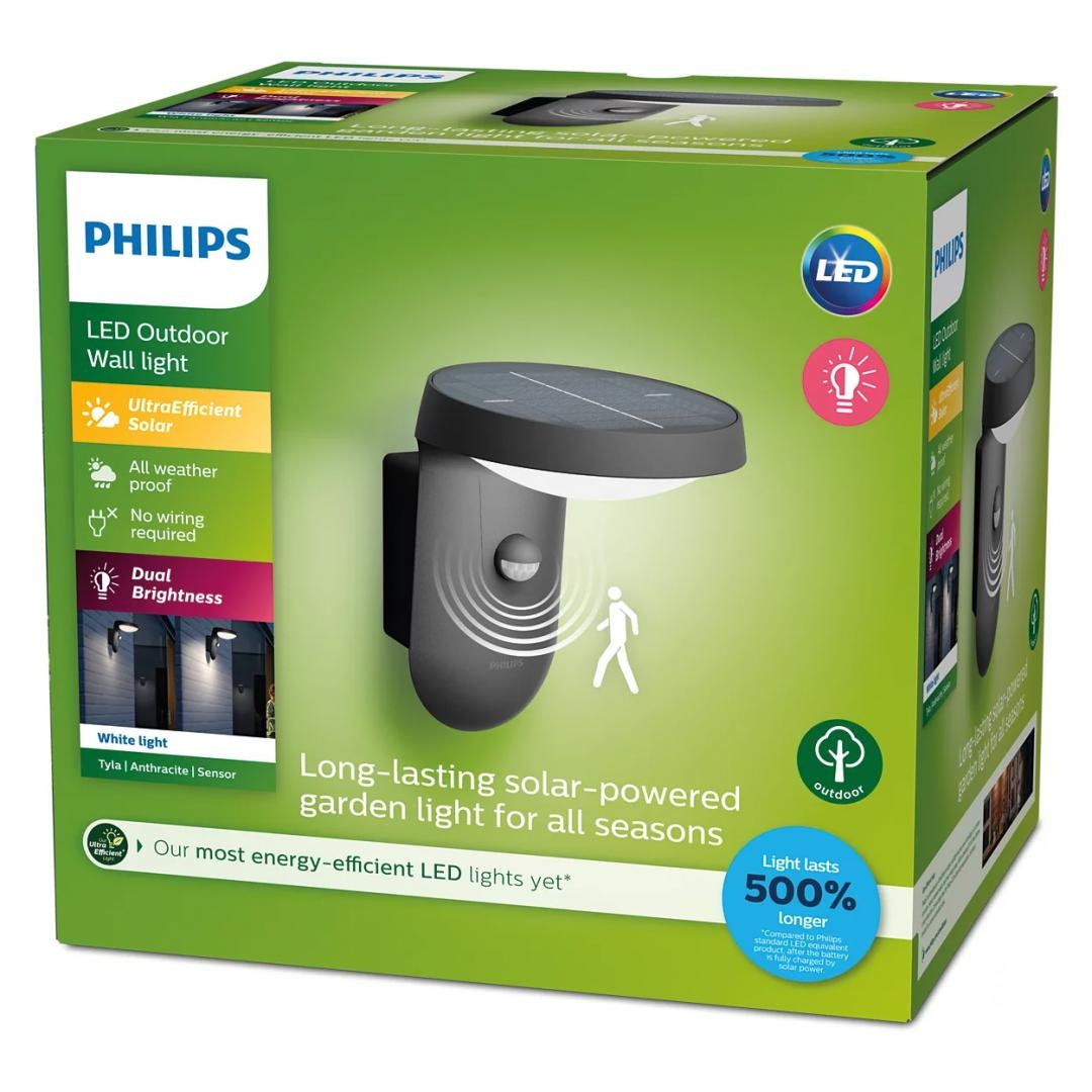 Aplica LED solara pentru exterior cu senzor de lumina si miscare Philips Tyla, 1.2W, 4V, 255 lm, lumina calda (3000K), IP44, 188x158x184mm, Antracit - 1 | YEO