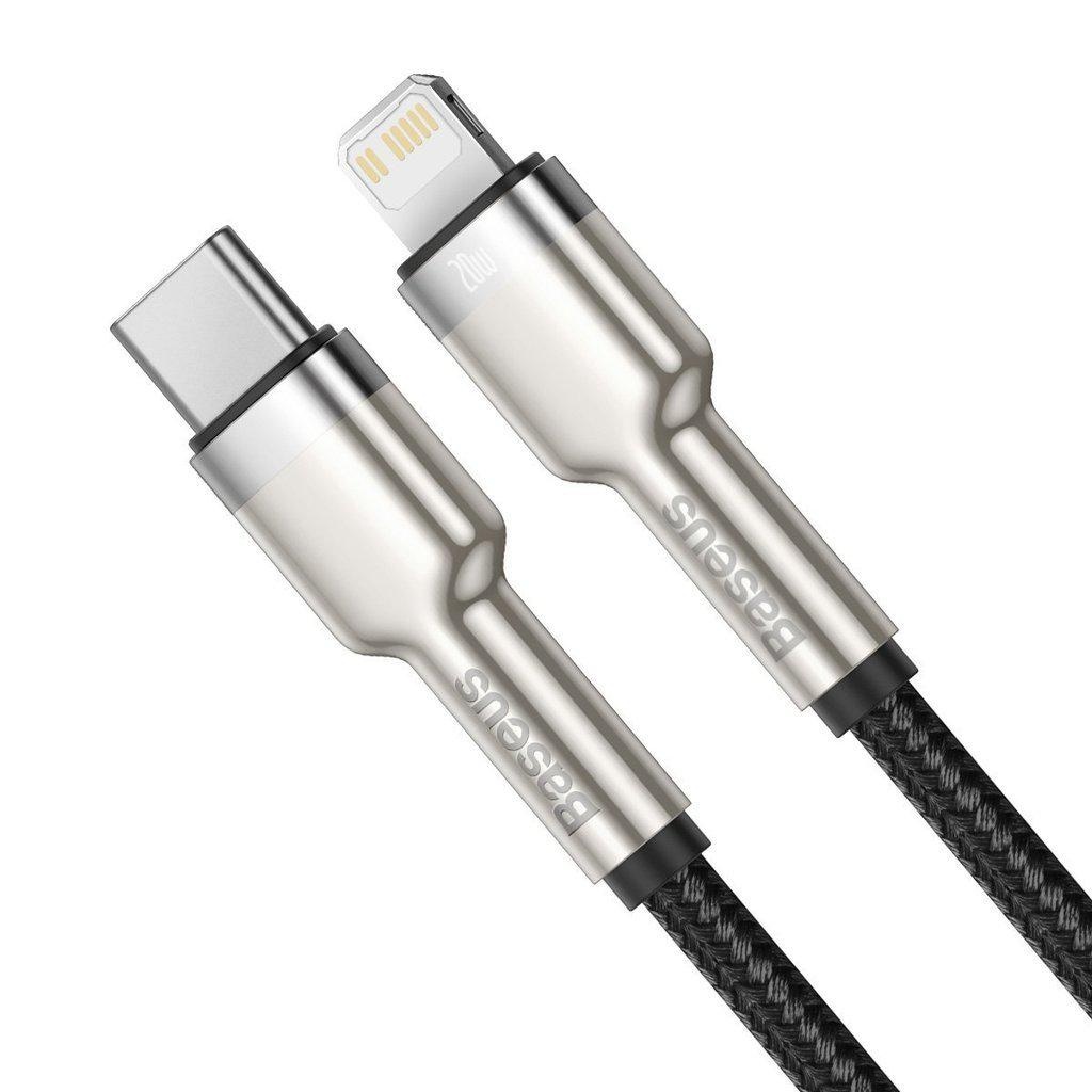 CABLU alimentare si date Baseus Cafule Metal, Fast Charging Data Cable pt. smartphone, USB Type-C la Lightning Iphone PD 20W, brodat, 1m, negru - 1 | YEO