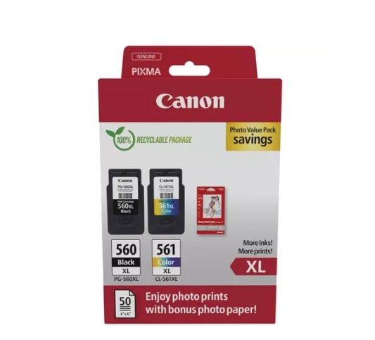 Canon pachet cartuse cearneala CANON PG-560XL/CL-561XL PHOTO VALUE PACK, capacitate negru: 400 pagini/16ml, Color: 300 pagini / 12.2ml, Compatibil cu: PIXMA TS5253, PIXMA TS5350, PIXMA TS5351, PIXMA TS5352, Bonus 50 coli hartie foto 10 x 15cm.