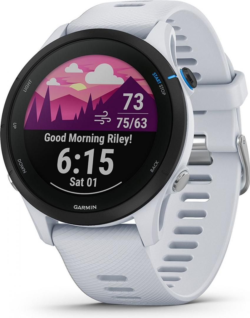 Ceas Garmin Forerunner 255, display 33mm, rezolutie displat 260x260 conectivitate Bluetooth™, ANT+, NFC, USB, functii accelerometru, giroscop, barometru, busola, termometru pentru temperatura exterioară, durata de viata baterie mod ceas inteligent: până