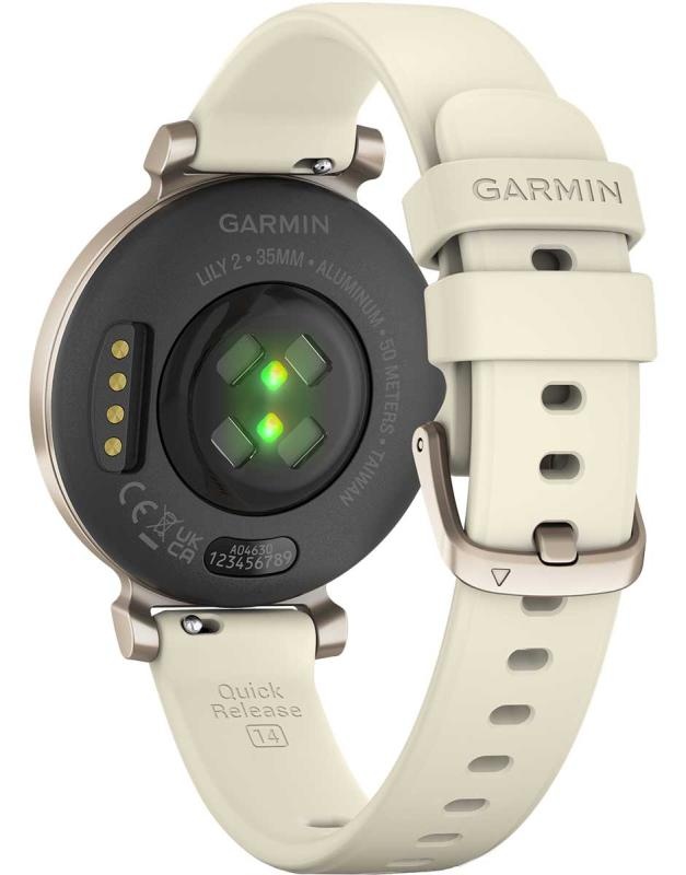 Ceas Garmin Lily 2, display AMOLED, dimensiune afisaj 35.4 mm, rezolutie afisaj 240 x 201 pixeli, memorie 8GB, autonomie pana la 5 zile, rezistanta la apa pana la 5 ATM, greutate: 24,4g, ramăCrem auriu, curea cafenie din material textil - 1 | YEO