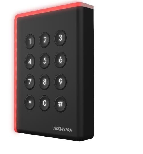 Cititor card cu tastatura Hikvision DS-K1108AMK, citeste carduri Mifare 13.56 MHz, distanta citire: ≤ 50 mm, comunicare: RS-485, Wiegand (W26, W34) si OSDP protocol, indicator LED de stare si alimentare, tamper, buzzer, alimentare 12VDC, IP65,