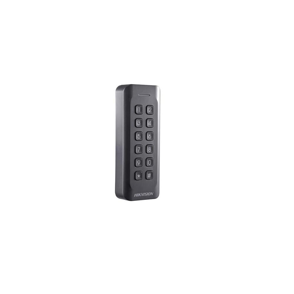 Cititor card cu tastatura Hikvision, DS-K1802MK; citeste carduri MIFARE; frecventa operare: 13.56MHz; indicator LED de stare si alimentare; Processor: 32-bit; Reading Range: <50mm (<1.97); Supports Wiegand (W27/W35) protocol, Dust-proof, IP 65;