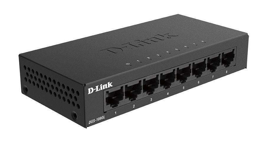 D-Link Switch DGS-108GL, 8 porturi Gigabit, Capacity 16Gbps, desktop, faramanagement, metal, negru, fara ventilator, D-link Green Technology. - 1 | YEO