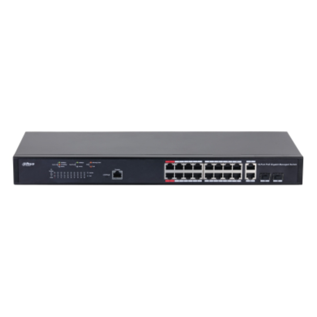 Dahua Managed Switch 18 porturi, 16 porturi POE, Gigabit, Port 1-16:16 × 10M/100M/1000MBase-T (PoE), Port 17-18:2 × 10M/100M/1000MBase-T (uplink) (combo), Port 17-18:2 × 1000M SFP (uplink)(combo), 1 × Console port, Managed L2, Capacitate switch: 56 Gbps, - 2 | YEO