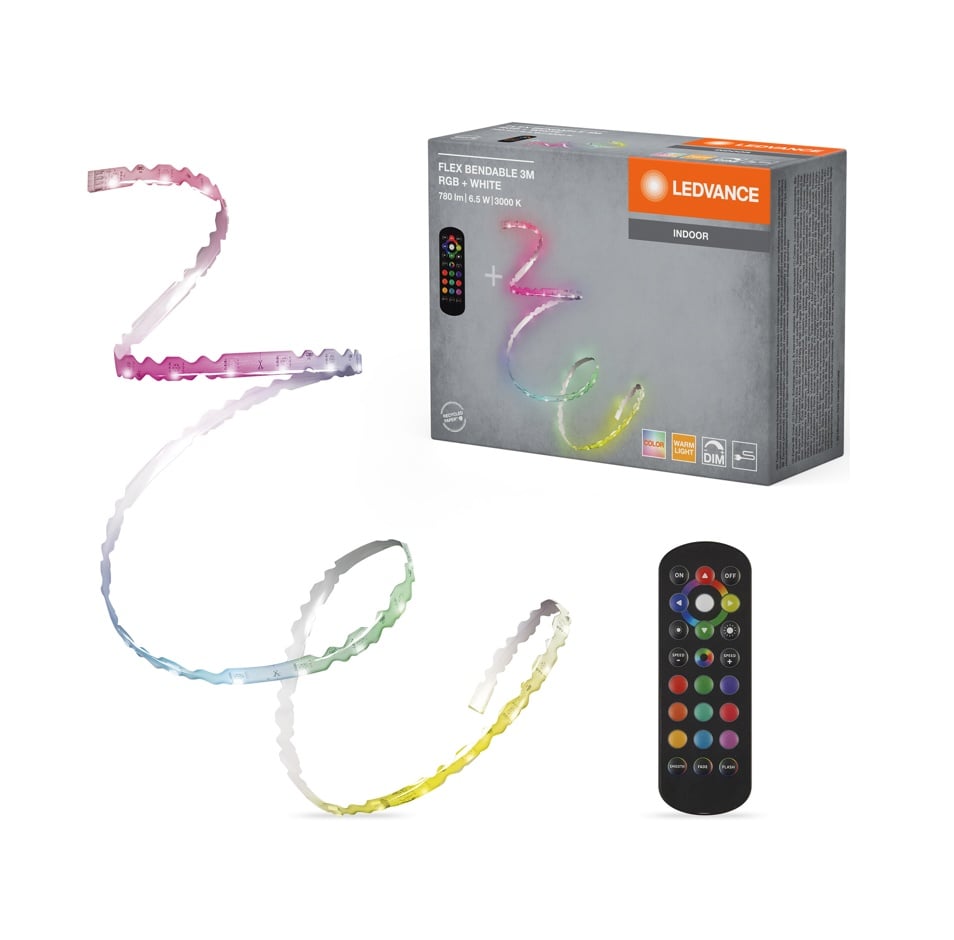 Kit Banda LED RGB Ledvance FLEX BENDABLE cu Telecomanda, 6.5W, 220-240V, 780 lm, lumina alba si color (3000K), dimabila, IP20, sectionabila, 3 metri