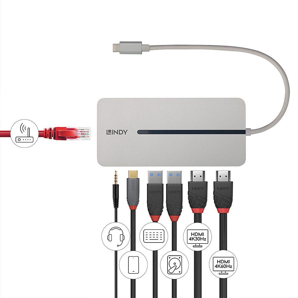 Lindy DST-Mx Duo Mini Docking Station USB Type-C, Dual display (4k), 100W Pass-through charging, rezolutie single display 4k@60, rezolutie dual display 4k@60 + 4k@30, 2x USB Type A, 1x USB-C (PD & Data), 2x HDMI, 1x RJ45, 2x Card reader (microSD & SD),