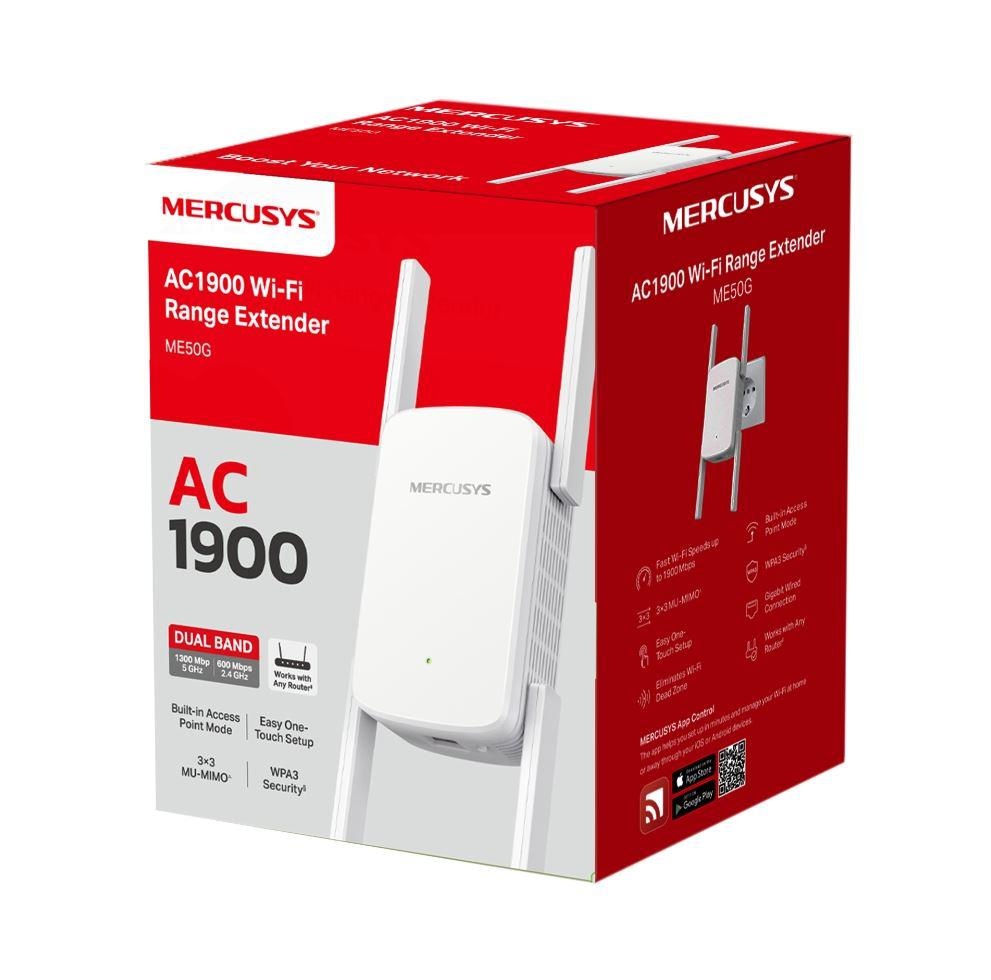 Mercusys AC1900 Wi-Fi Range Extender ME50G; Dual-Band, Standarde Wireless: IEEE 802.11a/n/ac 5 GHz, IEEE 802.11b/g/n 2.4 GHz, Viteza wireless: 600 Mbps at 2.4GHz, 1300 Mbps at 5GHz, Interfata: 1 x Gigabit Ethernet Port, 4 x Andene externe, Consum: 12W, - 1 | YEO