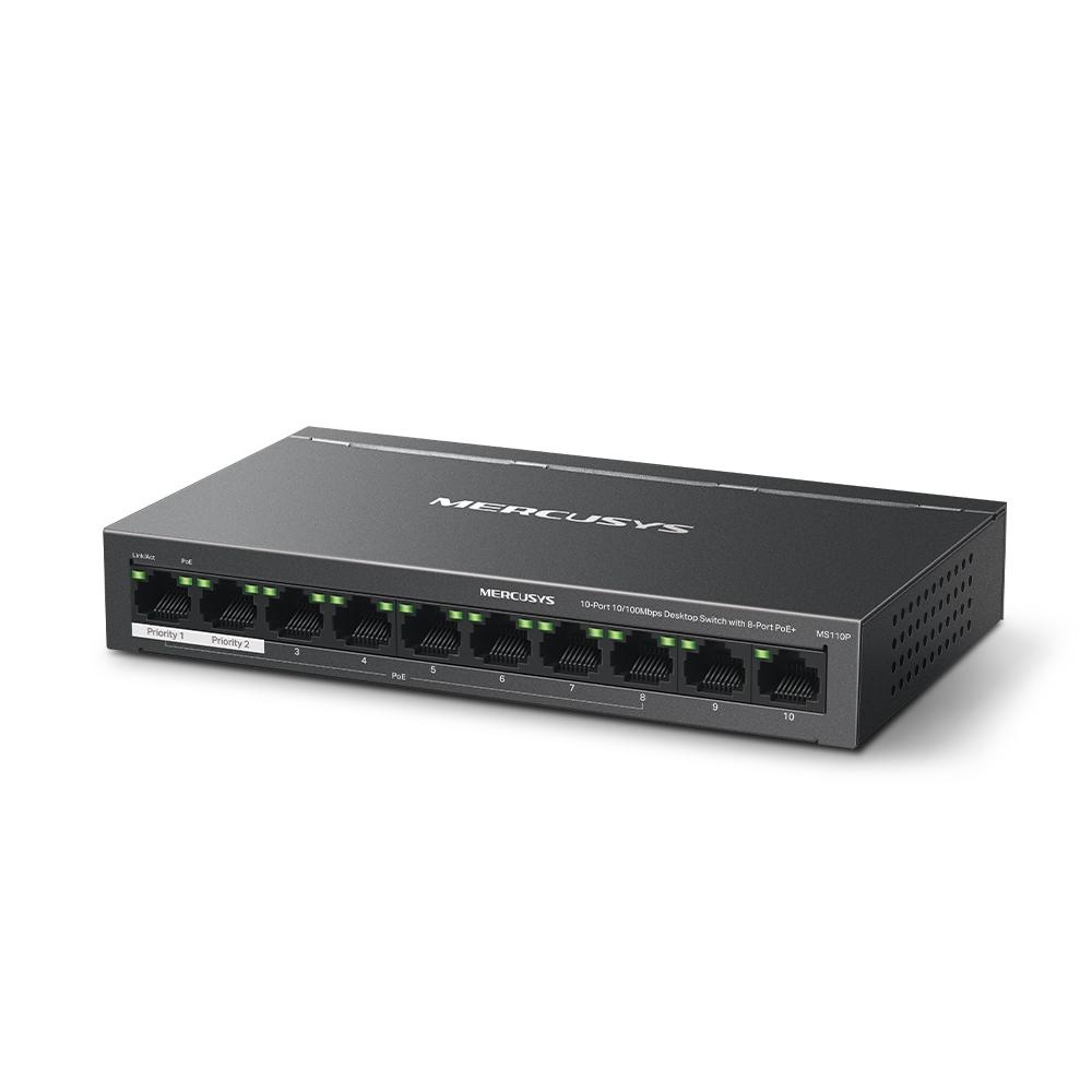 MERCUSYS DESKTOP SWITCH 10PORT MS110P POE, Interfata: 10× 10/100 Mbps, Standarde si protocoale: IEEE 802.3x Flow Control, Dimensiuni: 171*98* 27 mm, Porturi POE: 1-8, Buget POE: 65W. - 2 | YEO