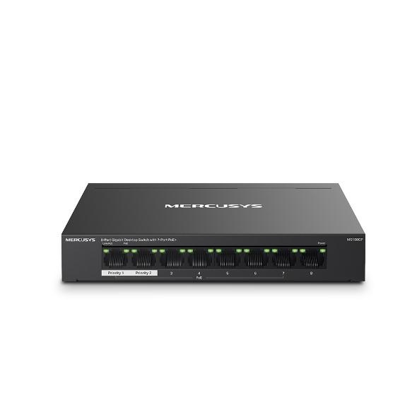 Mercusys Desktop switch 8 porturi Gigabit, MS108GP, 7 porturi POE (1-7) , buget POE: 65 W, Standarde si protocoale: IEEE 802.3x Flow Control, Dimensiuni: 171*98*27 mm.