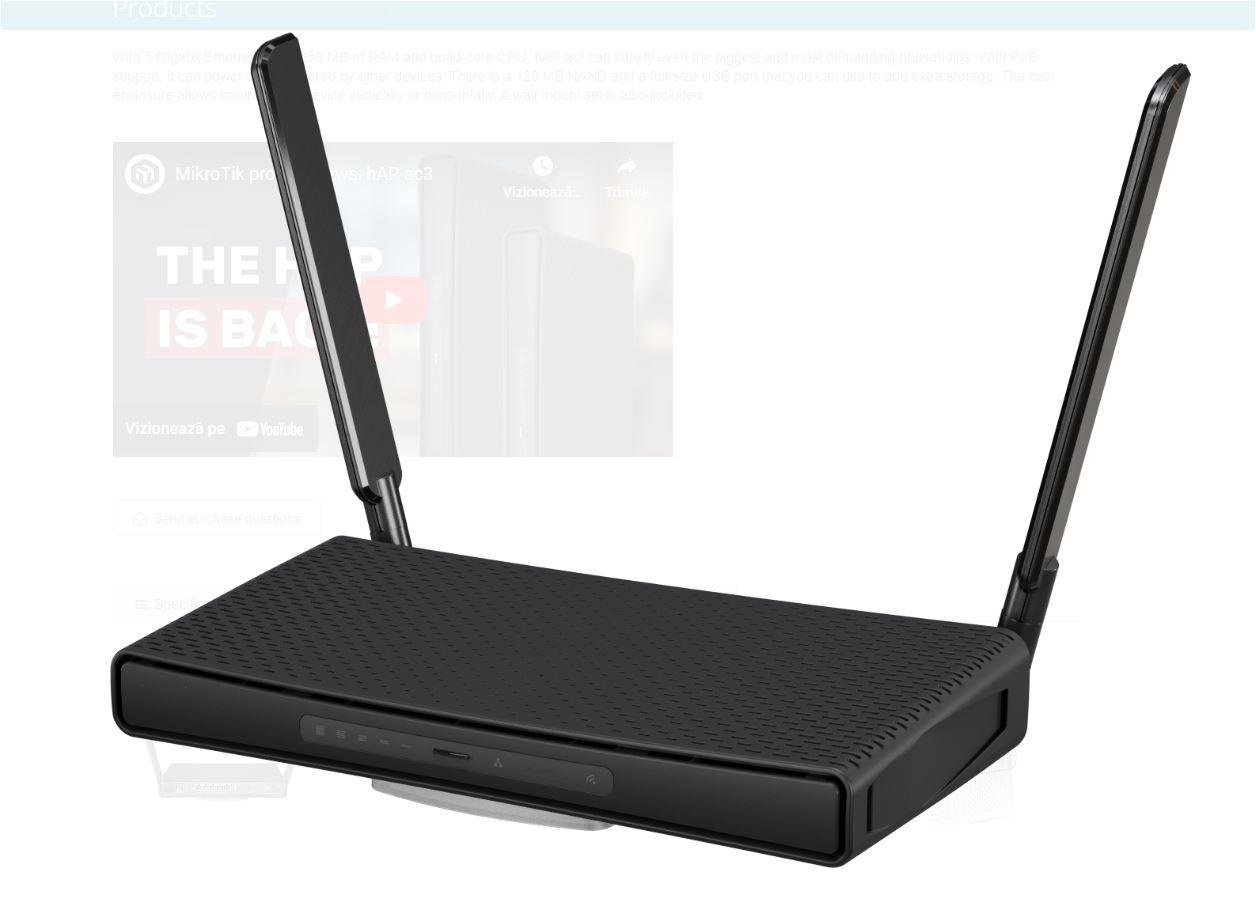 Miktrotik HAP AC1200 DUAL BAND WIRELESS ROUTER, 5 PORTURI 10/100/1000mbps, 1 x POE, 1 x USB, 2.4Ghz-300 Mbps, 5Ghz-867Mbps, 2 antene externe, 256Mb RAM, quad-core CPU 716 MHz, Wi-Fi 5.