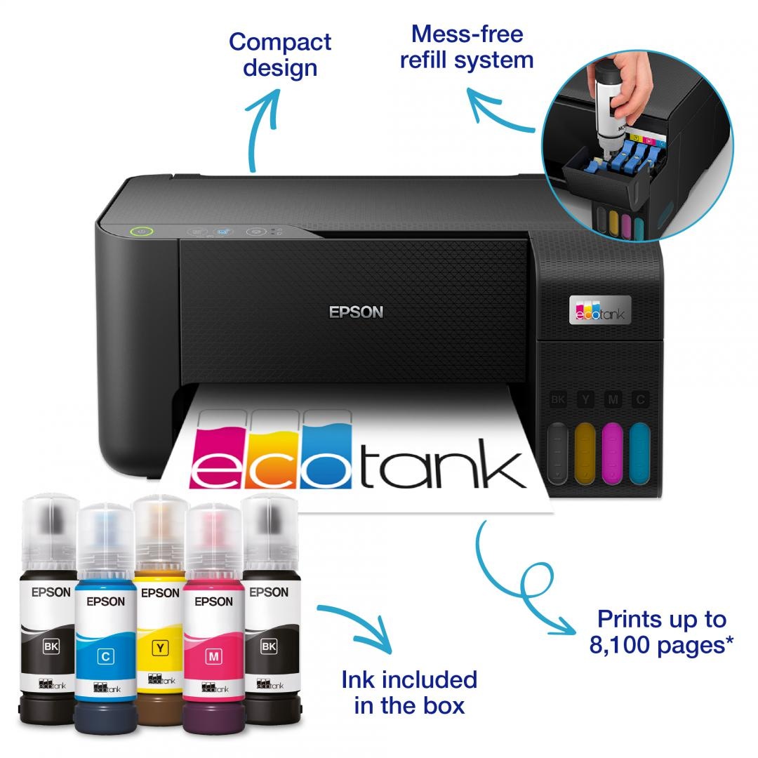 Multifunctional inkjet color Epson EcoTank CISS L3230, dimensiune A4 (Printare,Copiere, Scanare), printare borderless, viteza 33ppm alb- negru, 15 ppm color, rezolutie 5760 x 1440 dpi, alimentare hartie 100 coli,scanner CIS rezolutie 600 x 1200 DPI, - 1 | YEO