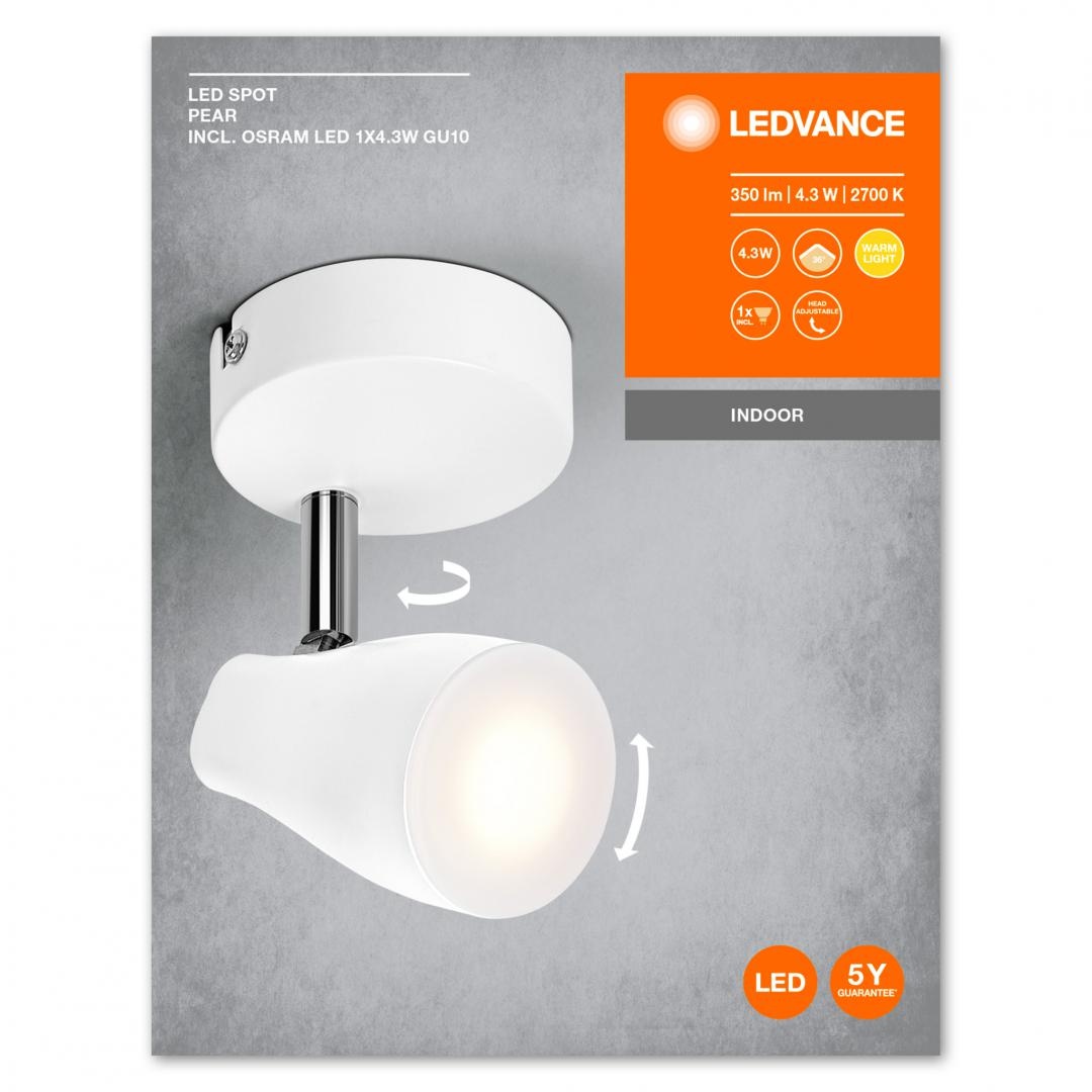 Spot LED ajustabil Ledvance Pear, GU10, 4.3W, 350 lm, lumina calda (2700K), IP20, 110x80x92mm, metal/plastic, Alb