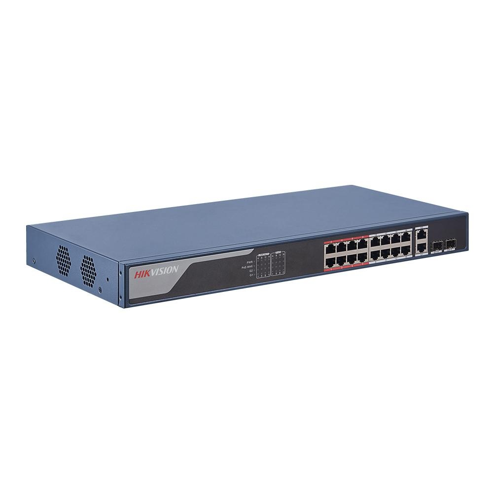 Switch 16 porturi POE Hikvision DS-3E1318P-EI, L2, Smart Managed, 16 × 100 Mbps PoE RJ45 ports si 2 × porturi gigabit, Putere PoE 230W, maxim 30W per port, Extend mode - pana la 300 metri, Switching capacity 7.2 Gbps, Visualized Topology Management,