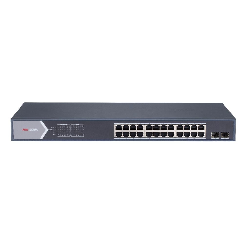 Switch 24 porturi Gigabit Hikvision DS-3E1526P-SI, L2, Smart Managed, 24 × gigabit PoE ports si 2 × gigabit fiber optical ports, Putere PoE 370W, maxim 30W per port, Extend mode - pana la 300 metri, Switching capacity 52 Gbps, PoE watchdog, network