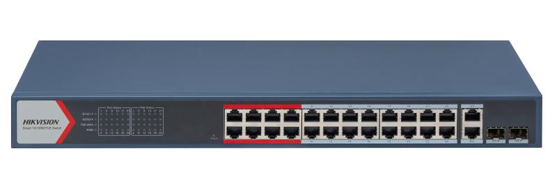 Switch 24 porturi Hikvision DS-3E1326P-EI(B), L2, Smart Managed, 24 × 10/100 Mbps PoE RJ45 ports si 2 × gigabit combos, Putere PoE 370W, Extend mode - pana la 300 metri, maxim 30W per port, Switching capacity 8.8 Gbps, Network topology management, alarm