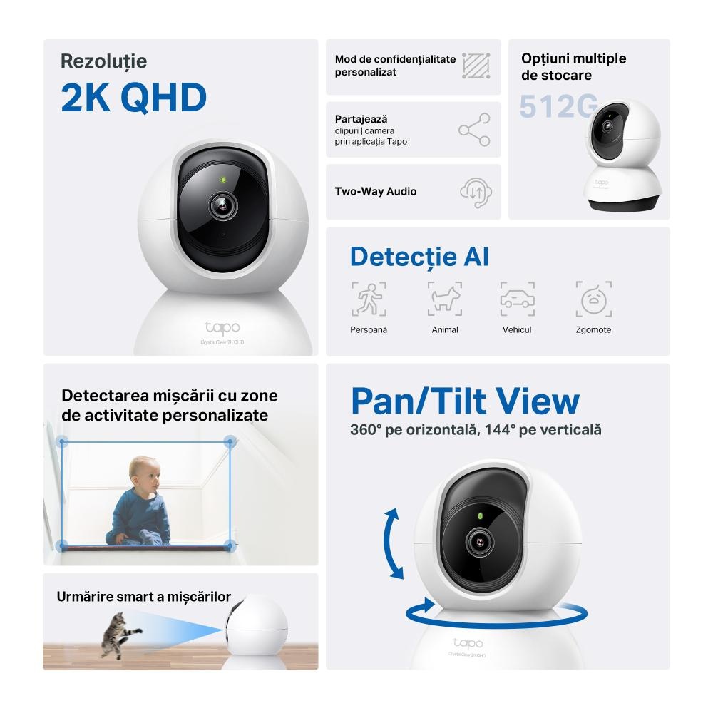 TP-LINK TAPO C220 camera supraveghere WI-FI pentru interior cu funcție Pan/Tilt și Detectare AI, Rezoluție: 2K 4MP QHD （2560 * 1440 px）, Lentile: Distanță focală: 4.0mm, F/NO: 2.0, Pan/Tilt Range:360° pe orizontală, 114° pe verticală, Frame rate: - 1 | YEO