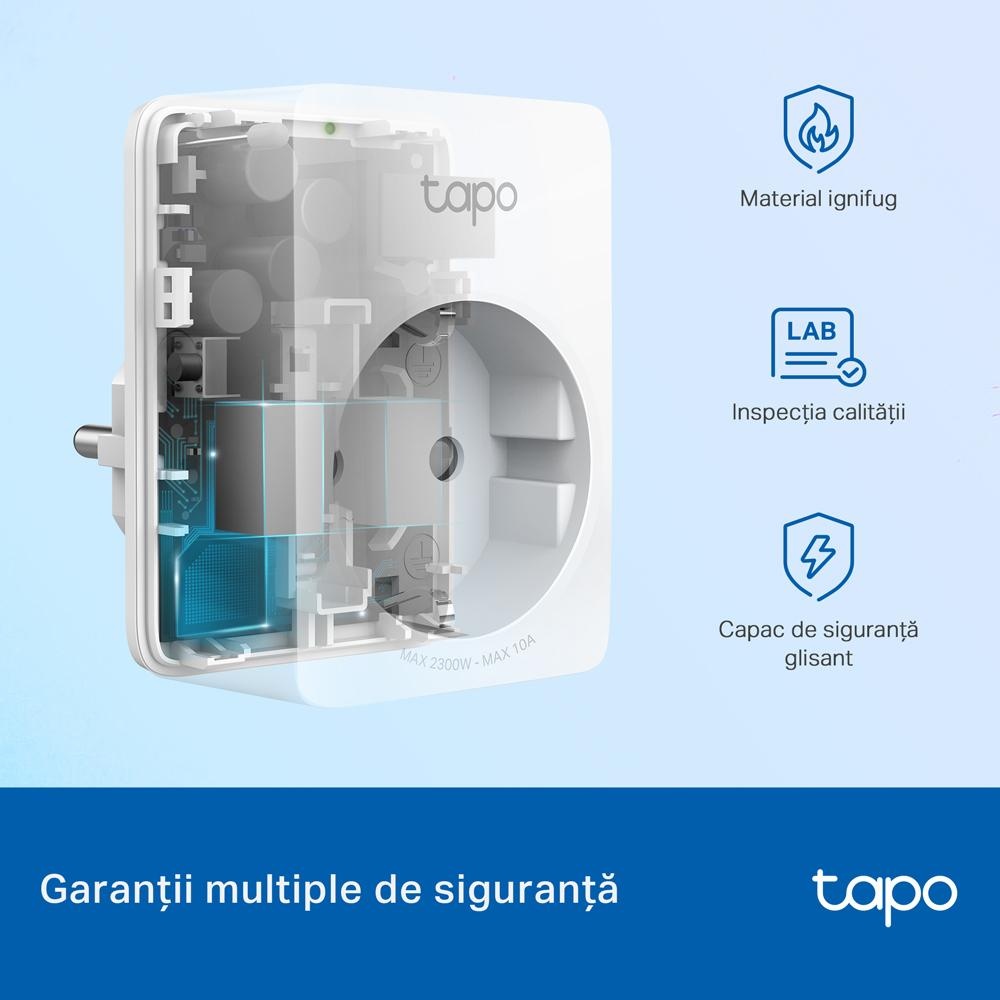 TP-LINK TAPO P100M Mini priză Wi-Fi smart, compatibilă cu Matter, WIFI Protocol: IEEE 802.11b/g/n, Bluetooth, 2.4Ghz, Dimensiuni: 72 × 51 × 40 mm, Cerinte de alimentare: 100-240V~, Incarcare maxima: 2,300W, 10A. - 2 | YEO