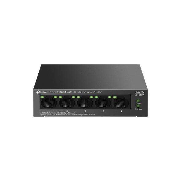 5-Port 10/100 Mbps Desktop Switch with 4-Port PoE PORT: 4× 10/100 Mbps PoE Ports, 1× 10/100 Mbps Non-PoE Port SPEC: 802.3af, 41 W PoE Power, Desktop Steel Case FEATURE: Extend Mode for 250m PoE Transmitting, PoE Auto Recovery, Plug and Play