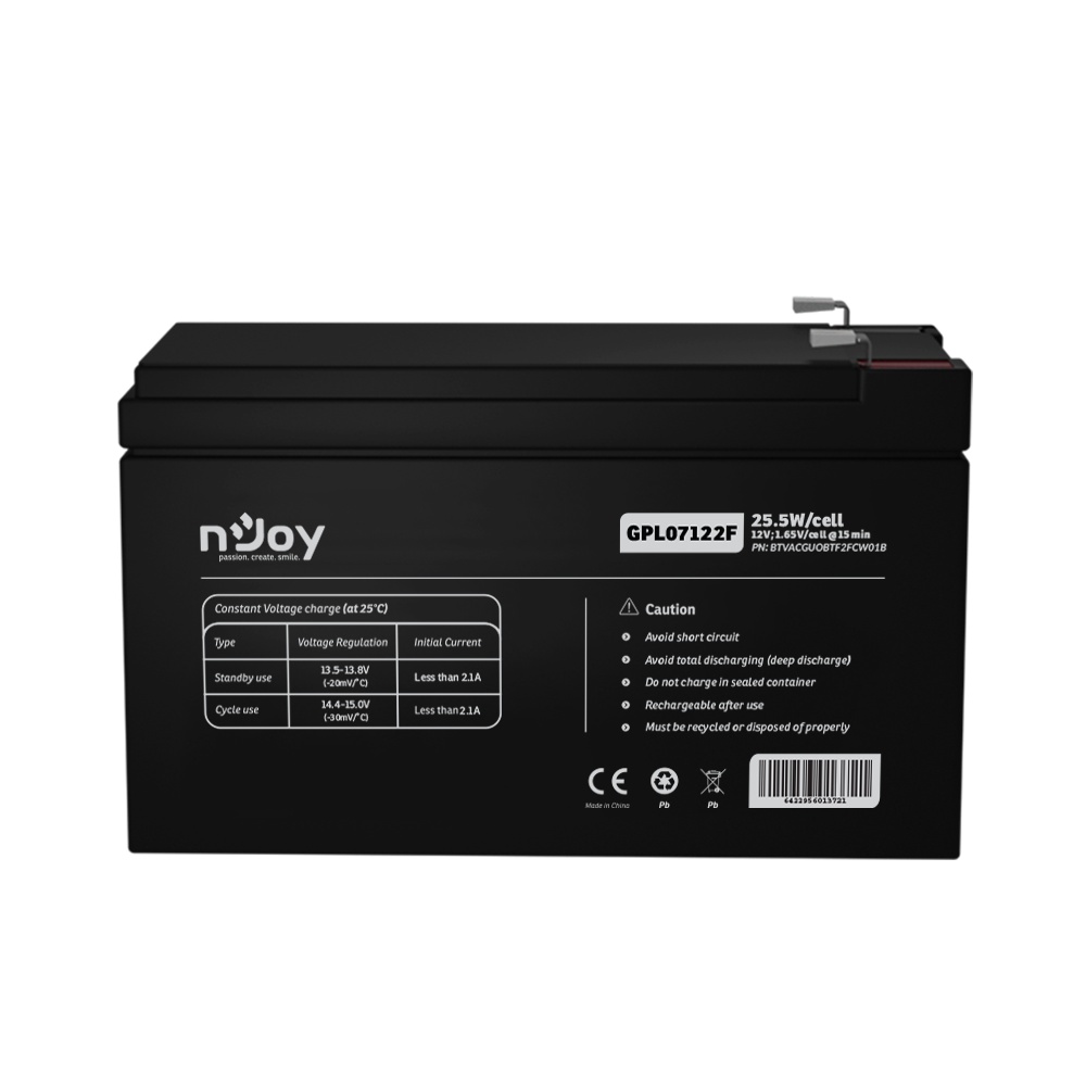 Acumulator nJoy GPL07122F 12V 22.72W/cell, Capacitate 22.72W/cell evaluat la 1,65V/cell@15 min), Tensiune 12V, Tip VRLA - fara mentenanta, Caracteristici: Sigilata complet si fara intretinere, Peste 260 de cicluri la 100% DOD, Utilizare standard 5-8 ani, - 1 | YEO