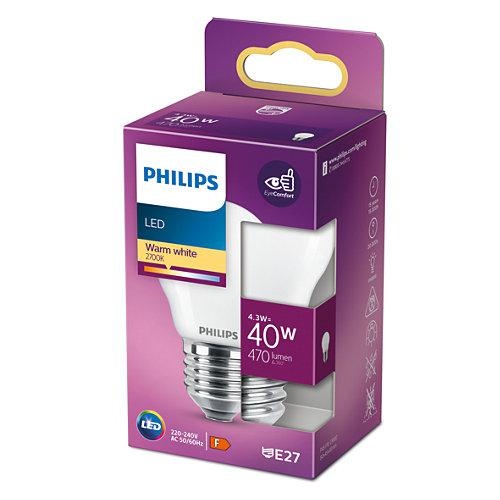 Bec LED Philips Classic P45, EyeComfort, E27, 4.3W (40W), 470 lm, luminacalda (2700K), mat