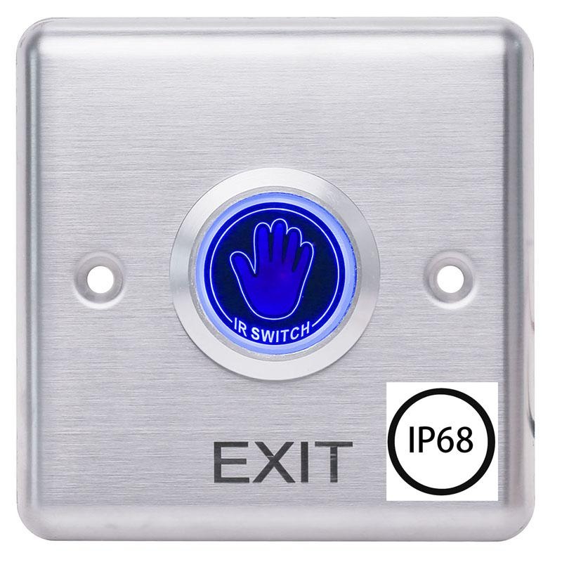 Buton de iesire cu infrarosu waterproof, incastrabil, ND-EB35, Iesire contact:NO/NC; Icon: Hand, IP68, LED stare Bi-color: albastru- verde; material otel inoxidabil, distanta actionare: pana la 10cm, dimensiuni: 86x86x20mm